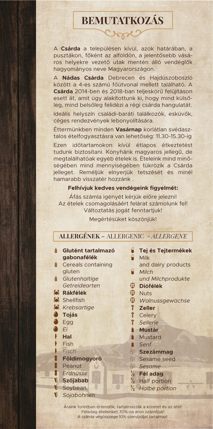 Nádas Csárda étlap 1. oldal